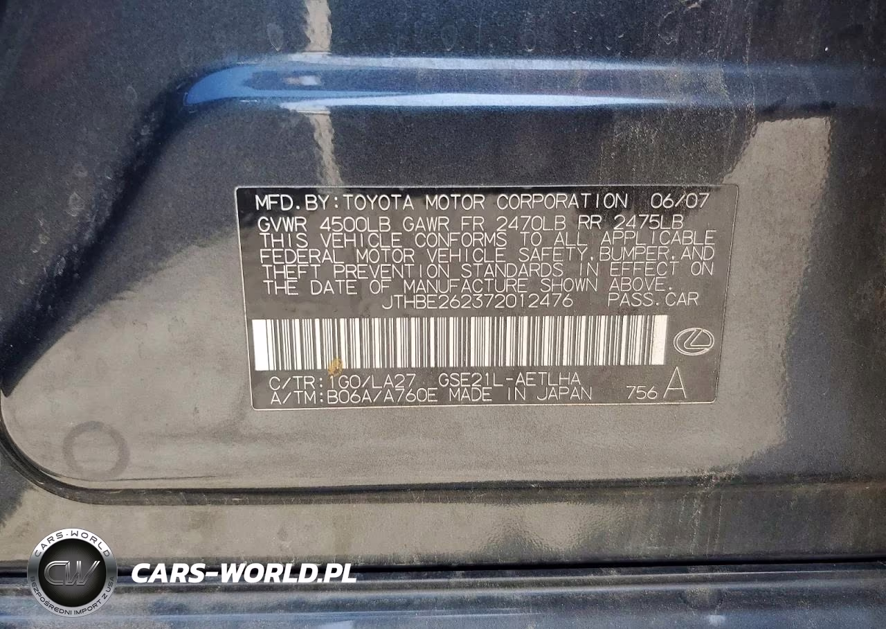 2007 Lexus Is 350 VIN:JTHBE262372012476 - 12
