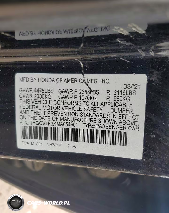 2021 Honda Accord Sport VIN:1HGCV1F3XMA054901 - 12