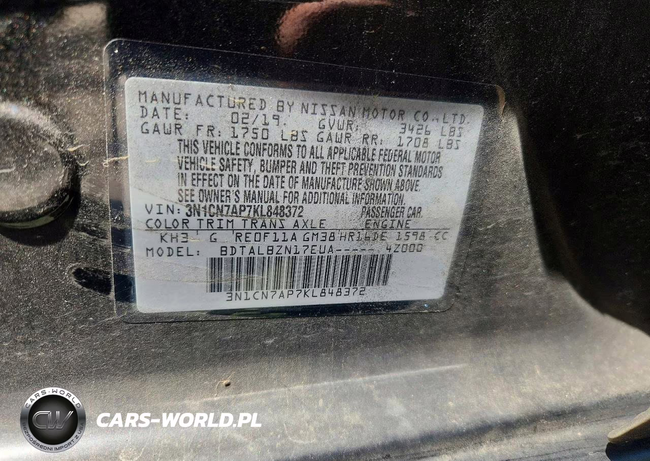 2019 Nissan Versa Sv VIN:3N1CN7AP7KL848372 - 12