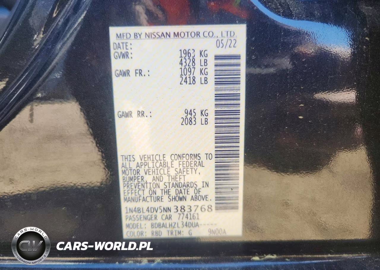 2022 Nissan Altima Sv VIN:1N4BL4DV5NN383768 - 12