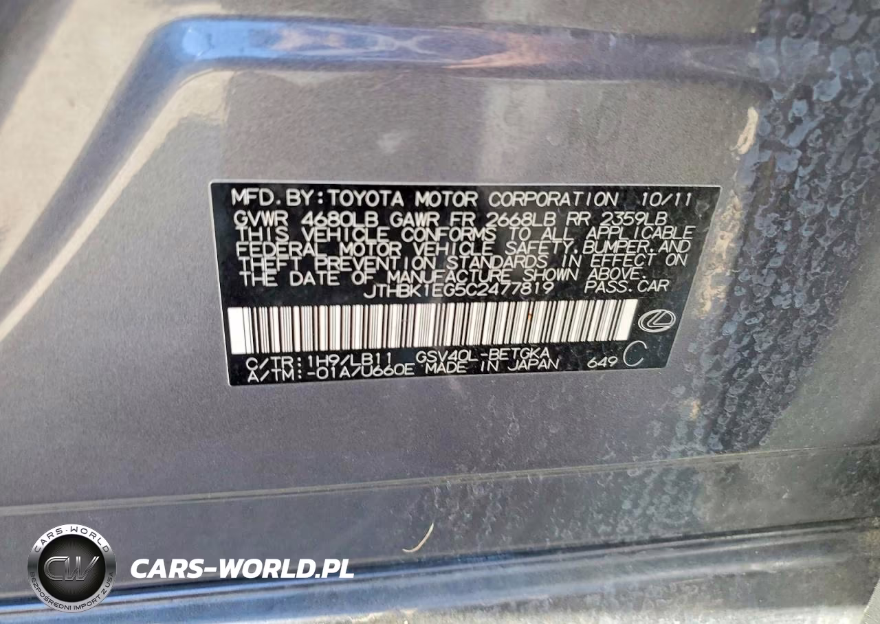 2012 Lexus Es 350 VIN:JTHBK1EG5C2477819 - 13