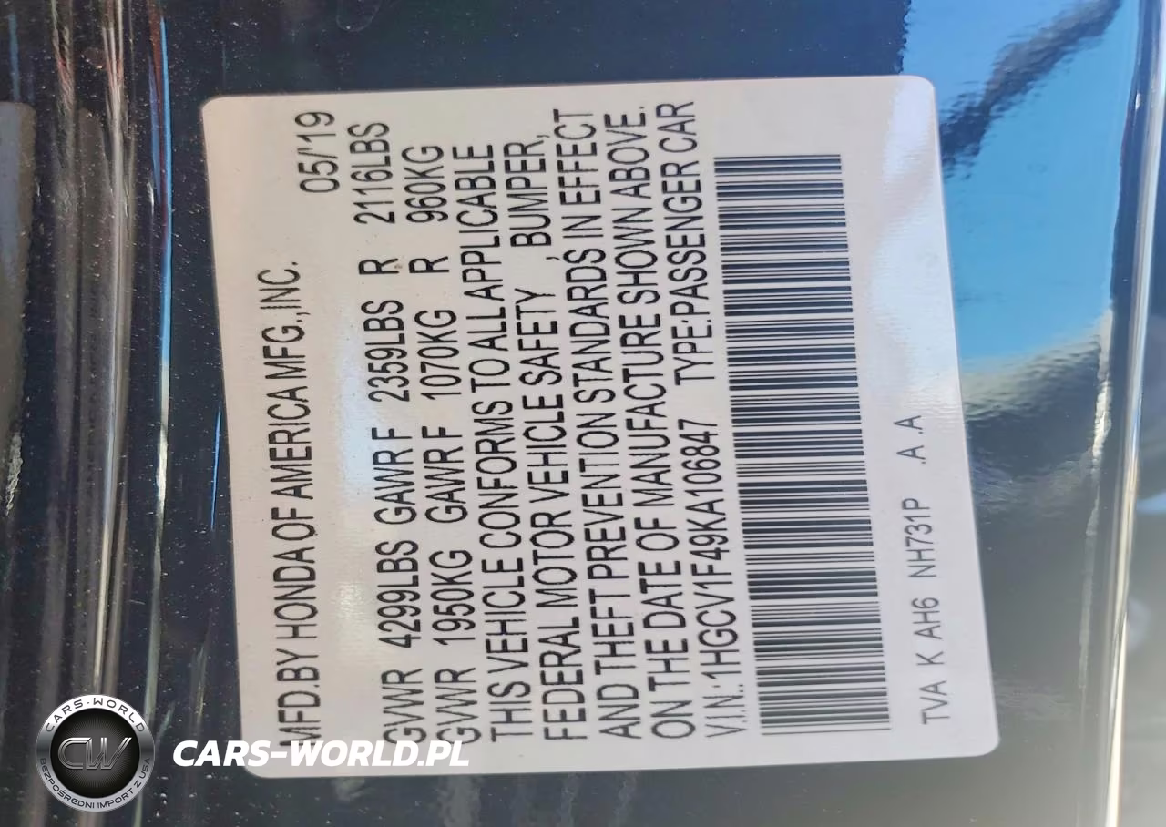2019 Honda Accord Ex VIN:1HGCV1F49KA106847 - 12