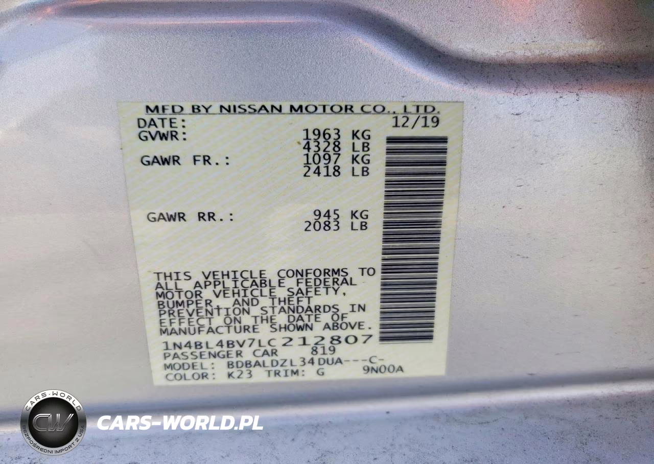 2020 Nissan Altima S VIN:1N4BL4BV7LC212807 - 12