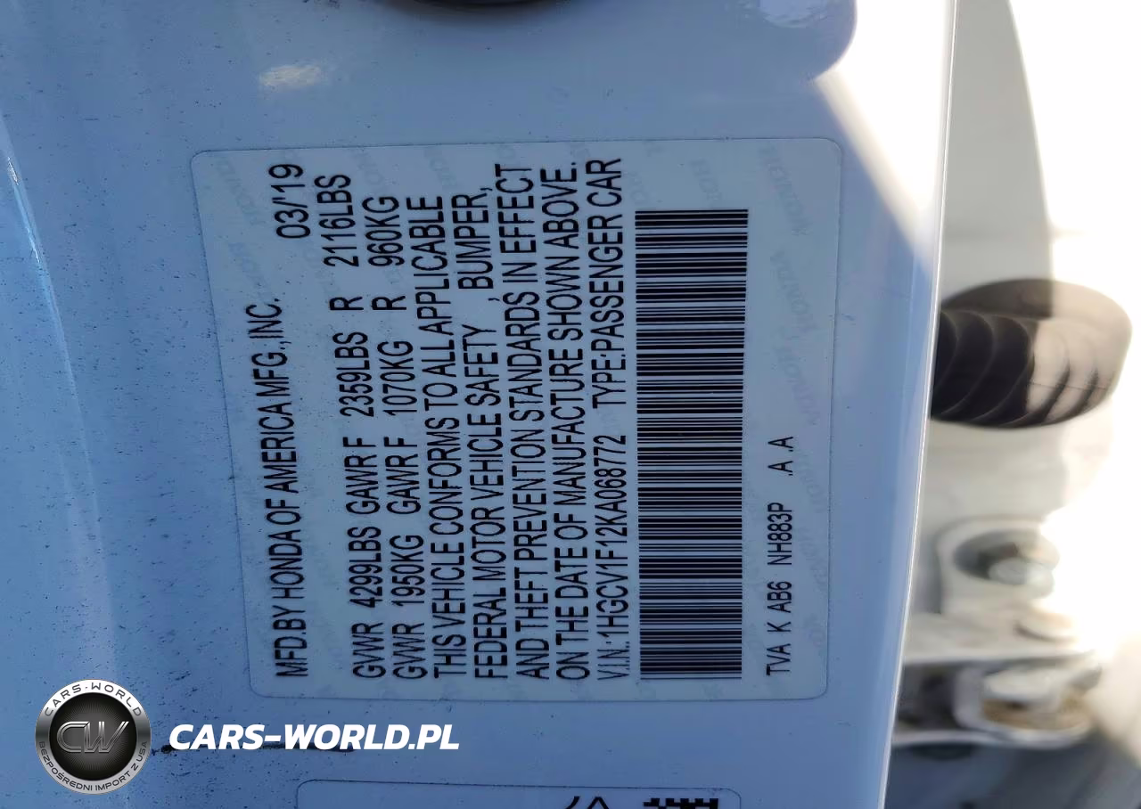 2019 Honda Accord Lx VIN:1HGCV1F12KA068772 - 12