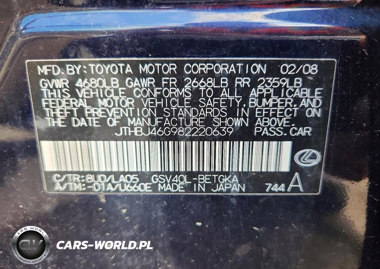 2008 Lexus Es 350 VIN:JTHBJ46G982220639 - 13