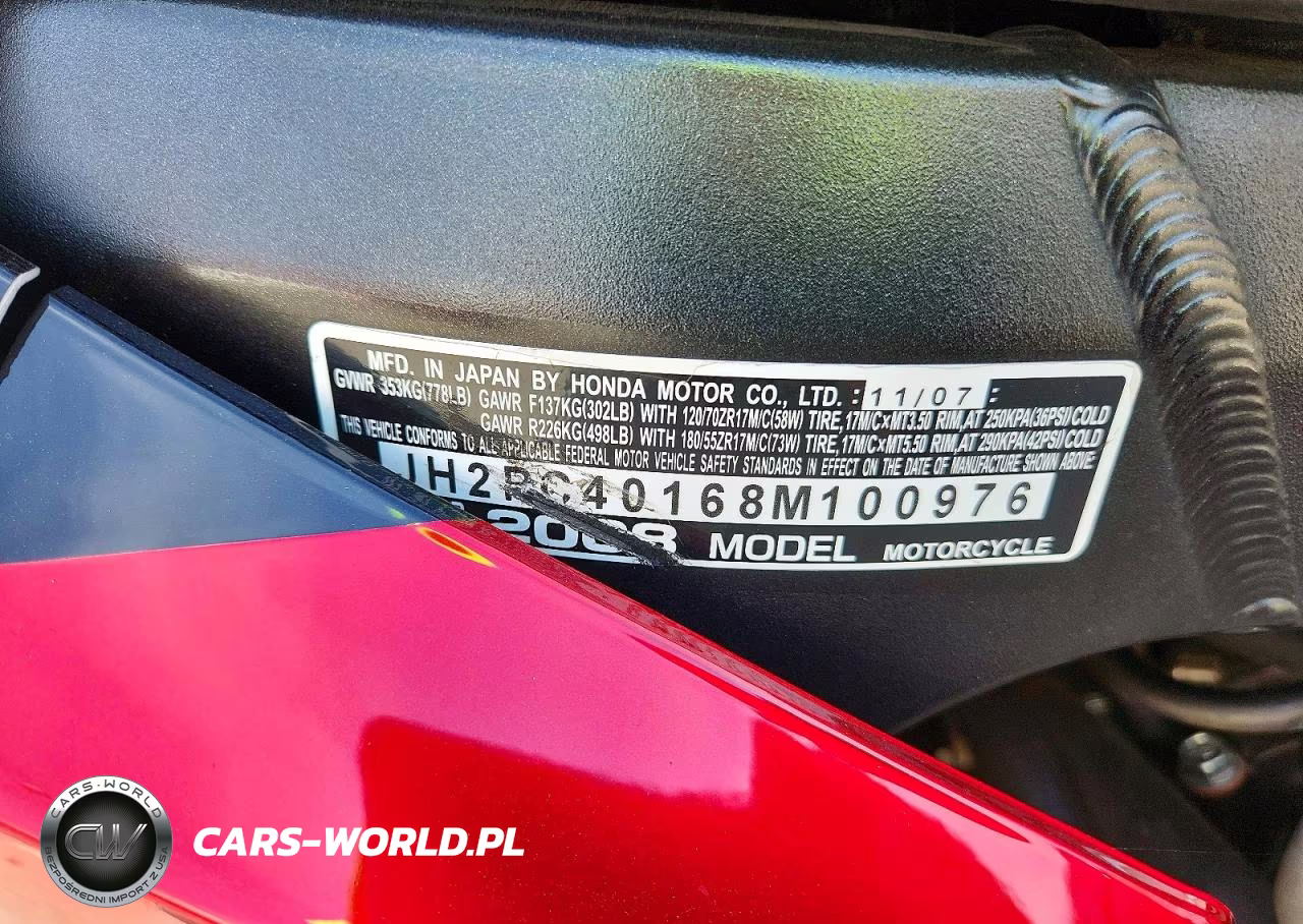 2008 Honda Cbr600 Rr VIN:JH2PC40168M100976 - 9