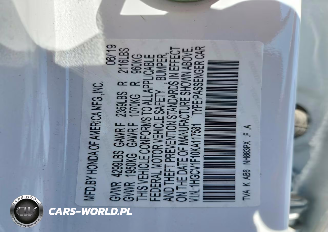 2019 Honda Accord Lx VIN:1HGCV1F10KA117581 - 12