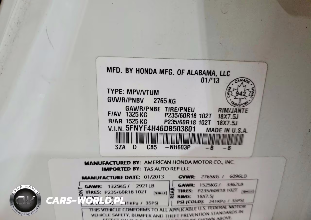 2013 Honda Pilot Ex VIN:5FNYF4H46DB503801 - 13