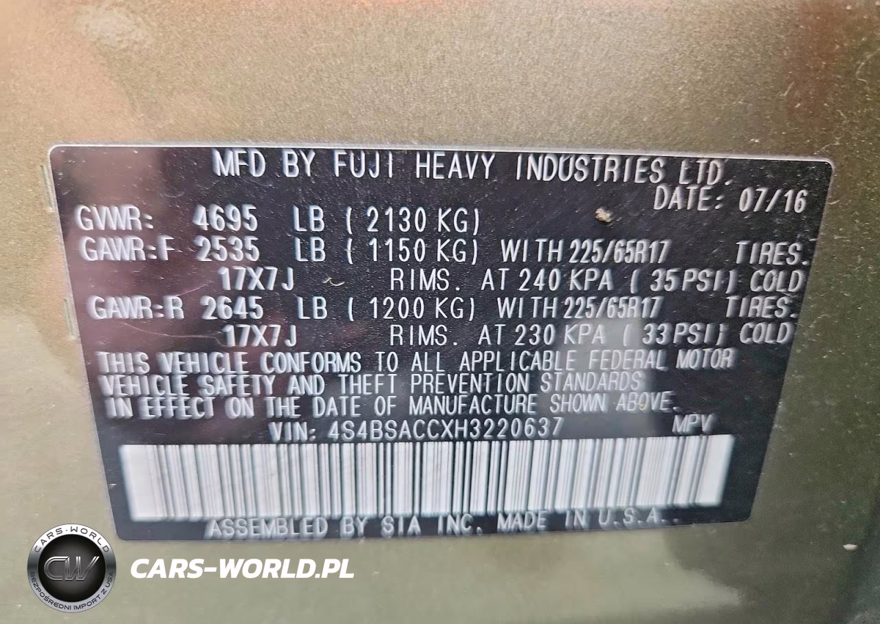 2017 Subaru Outback 2.5I Premium VIN:4S4BSACCXH3220637 - 12