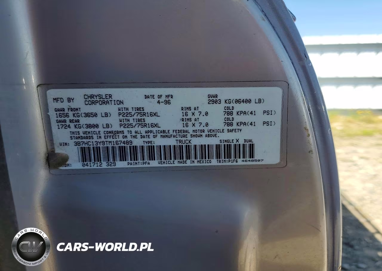 1996 Dodge Ram 1500 VIN:3B7HC13Y9TM167489 - 12