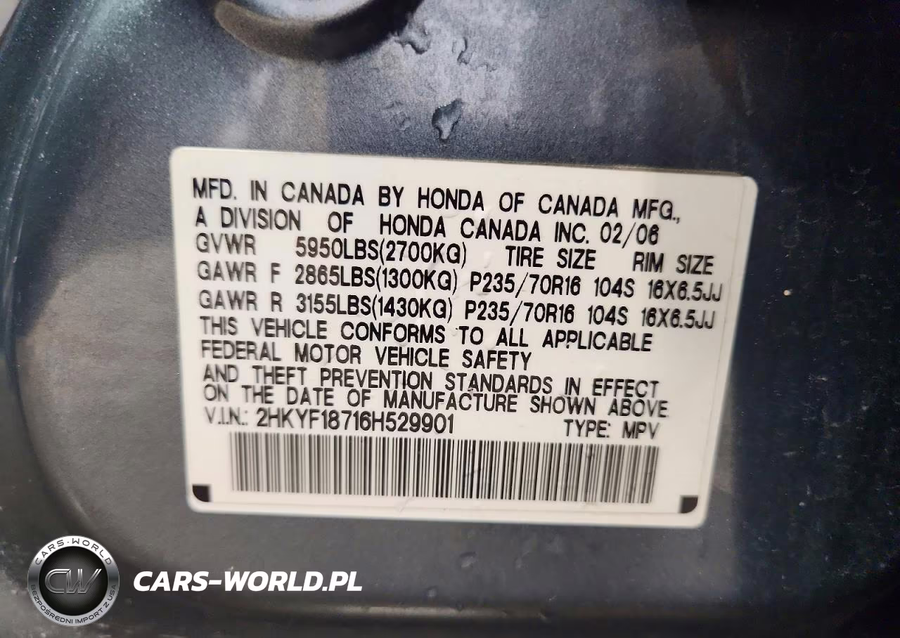 2006 Honda Pilot Ex VIN:2HKYF18716H529901 - 12
