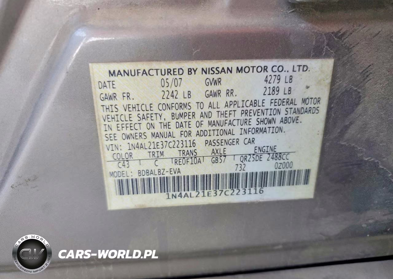 2007 Nissan Altima 2.5 VIN:1N4AL21E37C223116 - 12