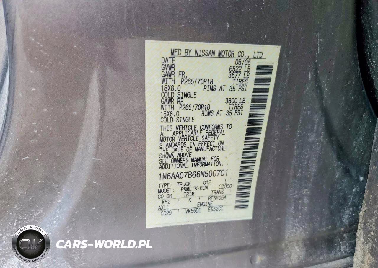 2006 Nissan Titan Xe VIN:1N6AA07B66N500701 - 12
