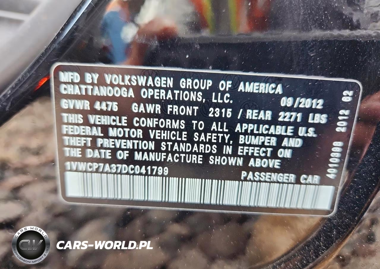 2013 Volkswagen Passat Sel VIN:1VWCP7A37DC041799 - 13