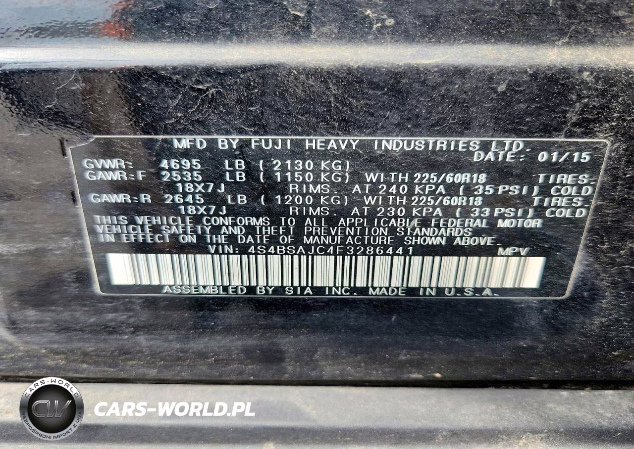 2015 Subaru Outback 2.5I Limited VIN:4S4BSAJC4F3286441 - 14