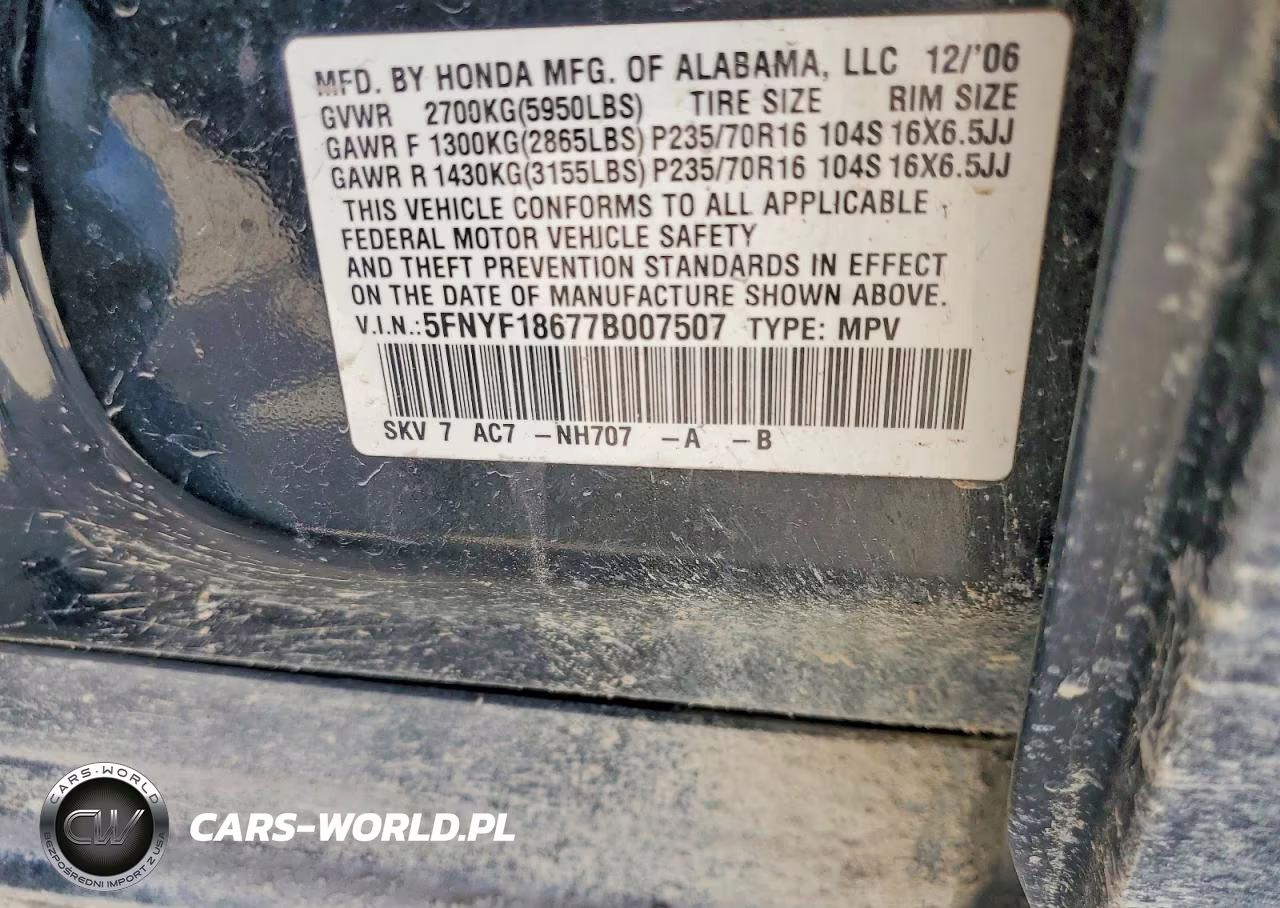 2007 Honda Pilot Exl VIN:5FNYF18677B007507 - 13