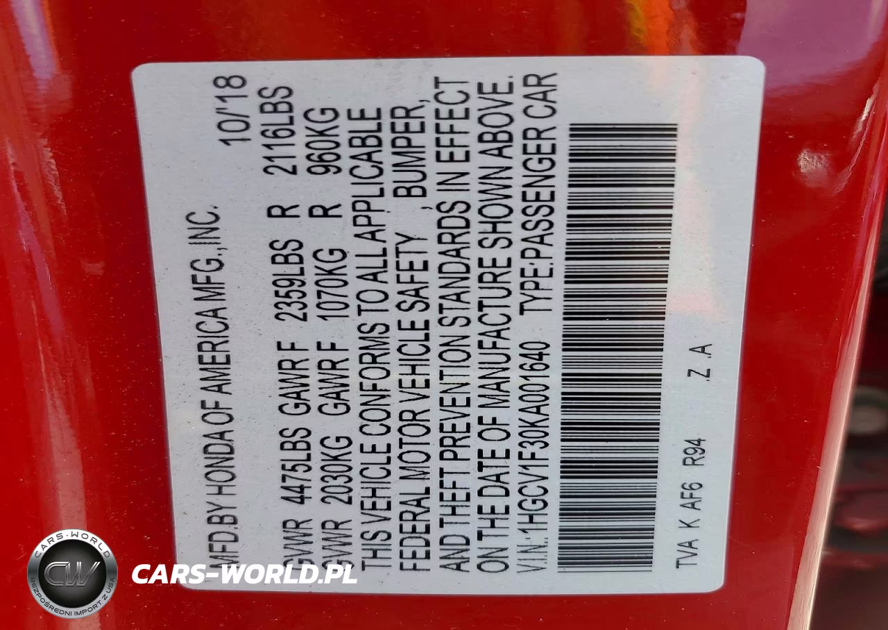 2019 Honda Accord Sport VIN:1HGCV1F30KA001640 - 13