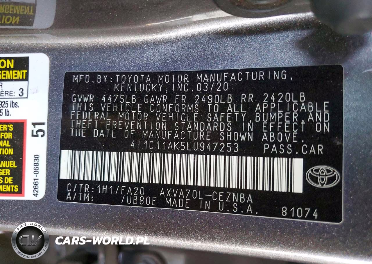 2020 Toyota Camry Le VIN:4T1C11AK5LU947253 - 12