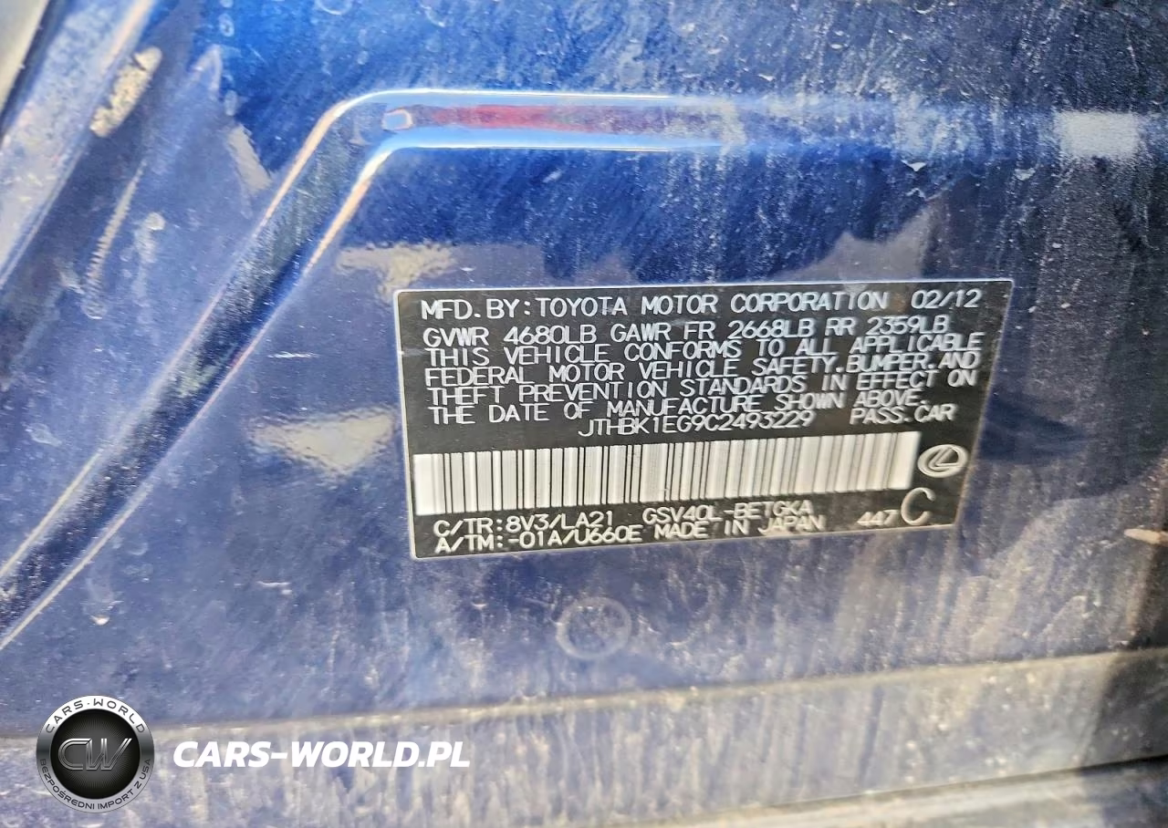 2012 Lexus Es 350 VIN:JTHBK1EG9C2493229 - 12