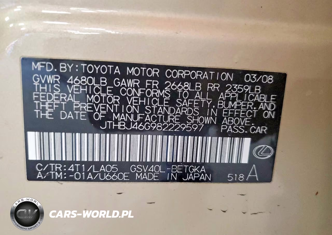 2008 Lexus Es 350 VIN:JTHBJ46G982229597 - 12