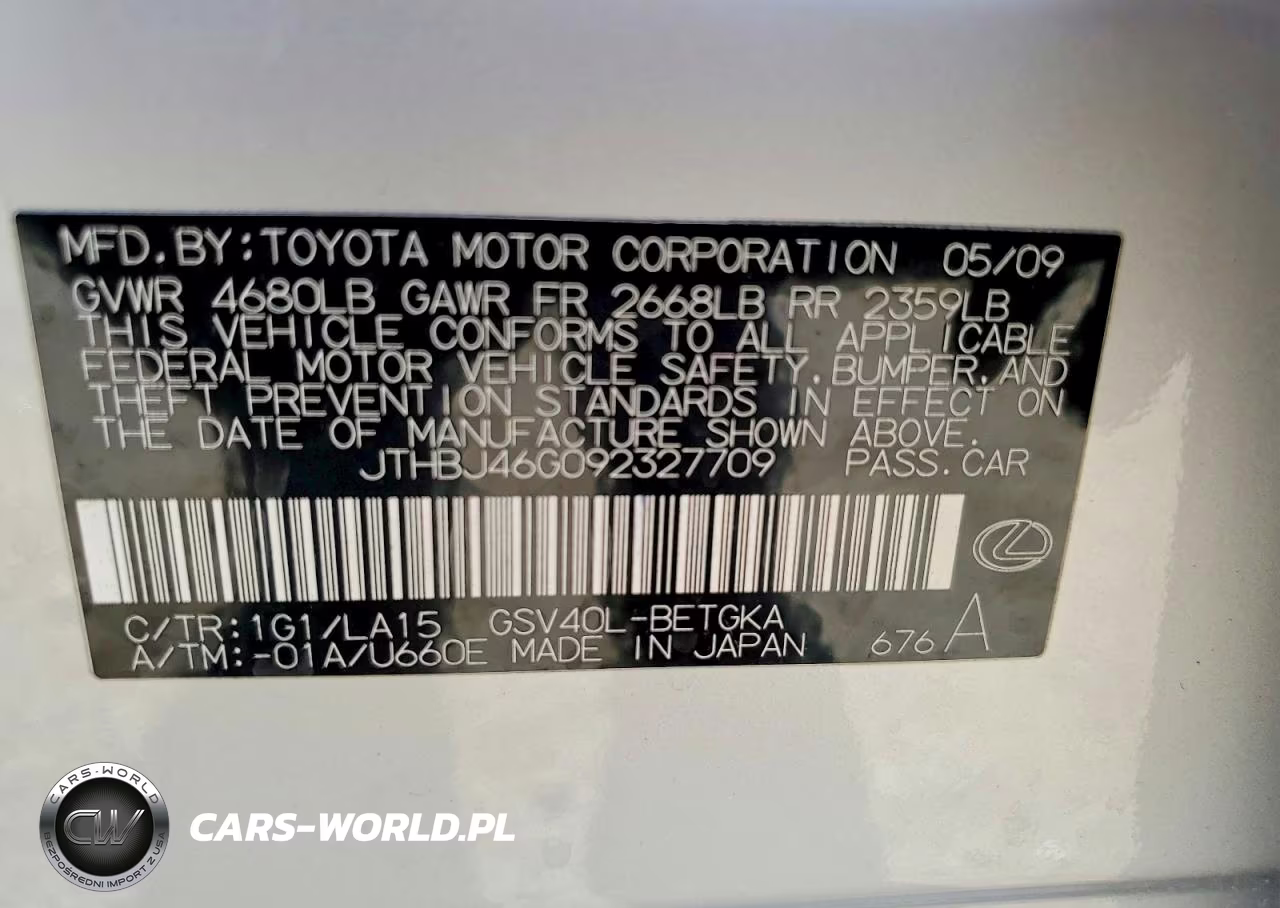 2009 Lexus Es 350 VIN:JTHBJ46G092327709 - 12
