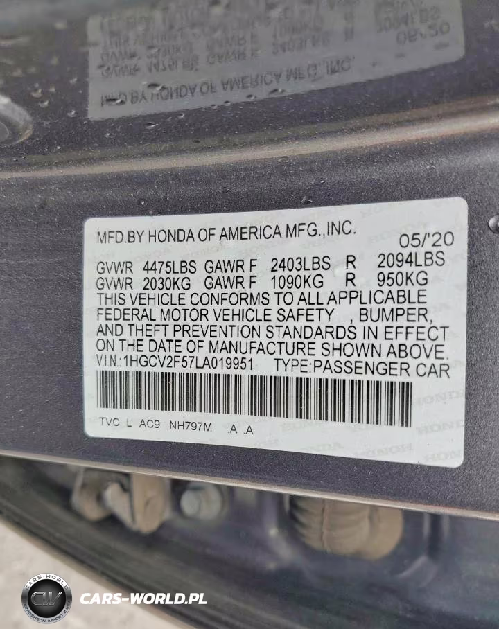 2020 Honda Accord Exl VIN:1HGCV2F57LA019951 - 12