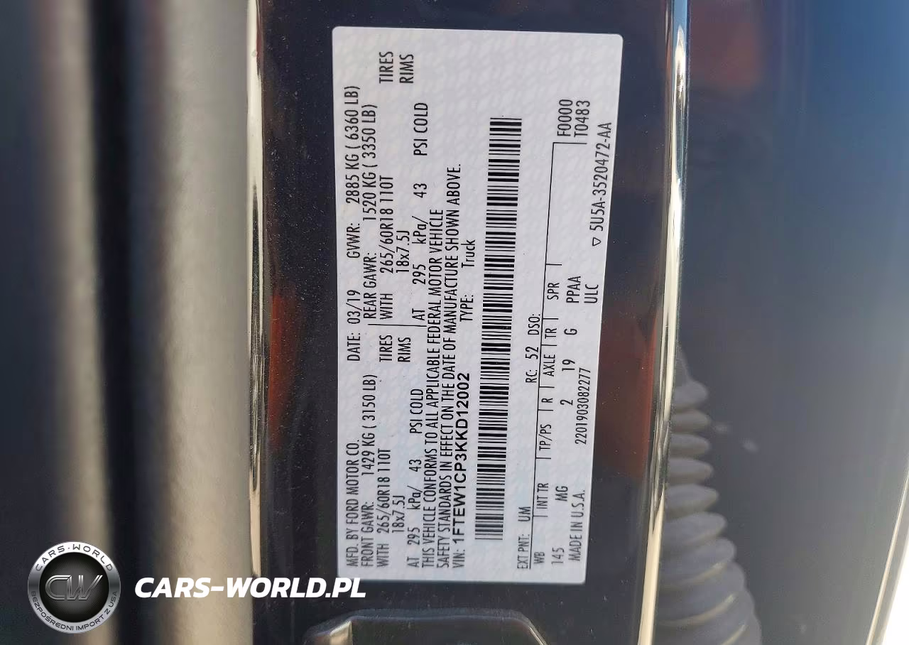 2019 Ford F150 Supercrew VIN:1FTEW1CP3KKD12002 - 12
