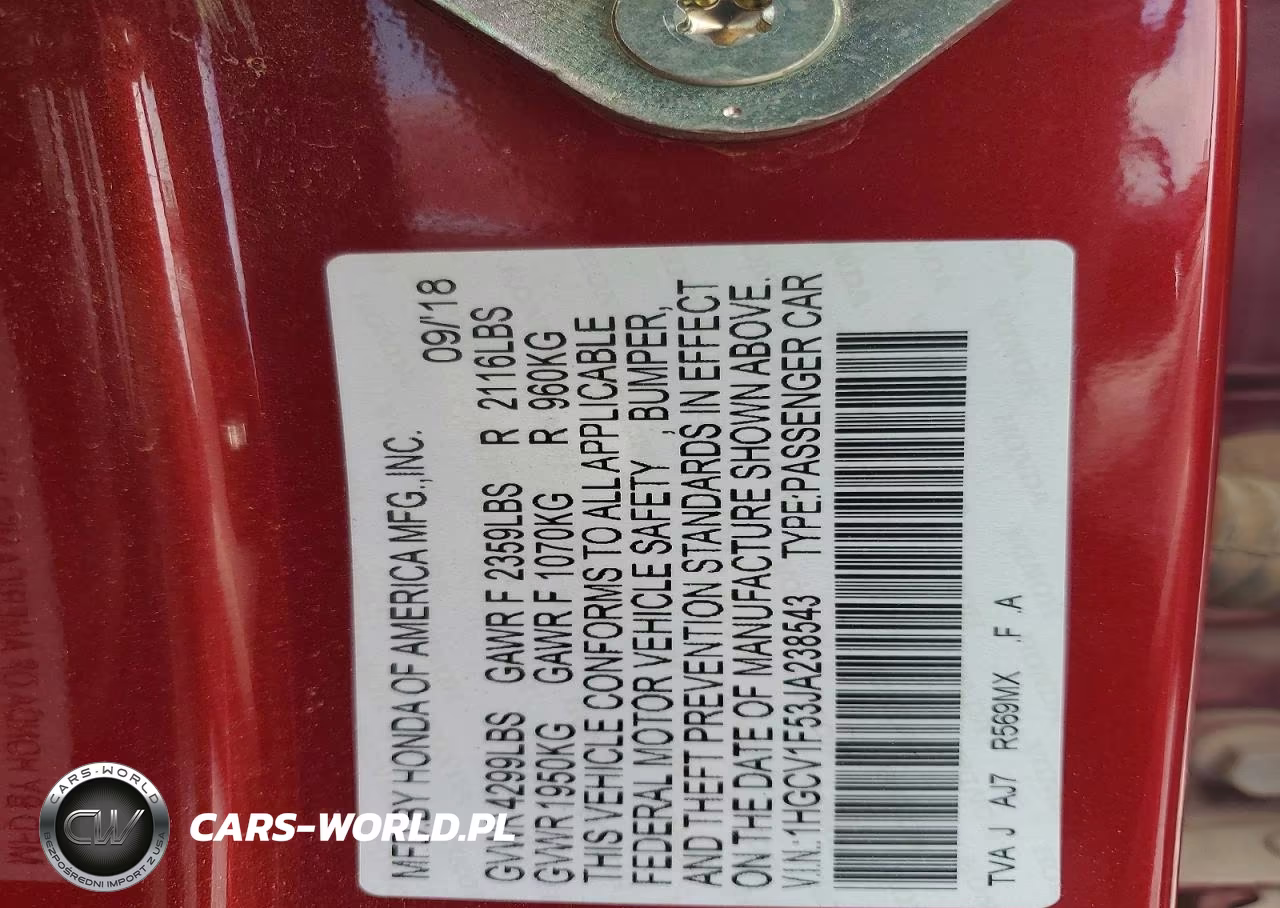 2018 Honda Accord Exl VIN:1HGCV1F53JA238543 - 13