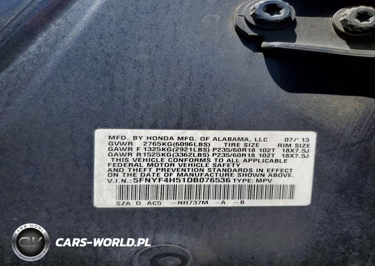 2013 Honda Pilot Exl VIN:5FNYF4H51DB076536 - 14