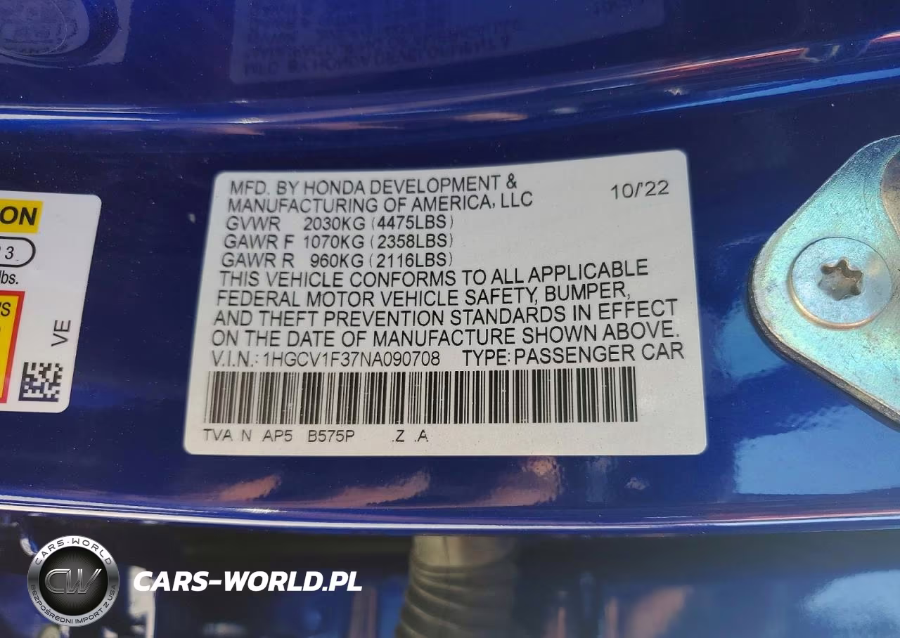 2022 Honda Accord VIN:1HGCV1F37NA090708 - 12