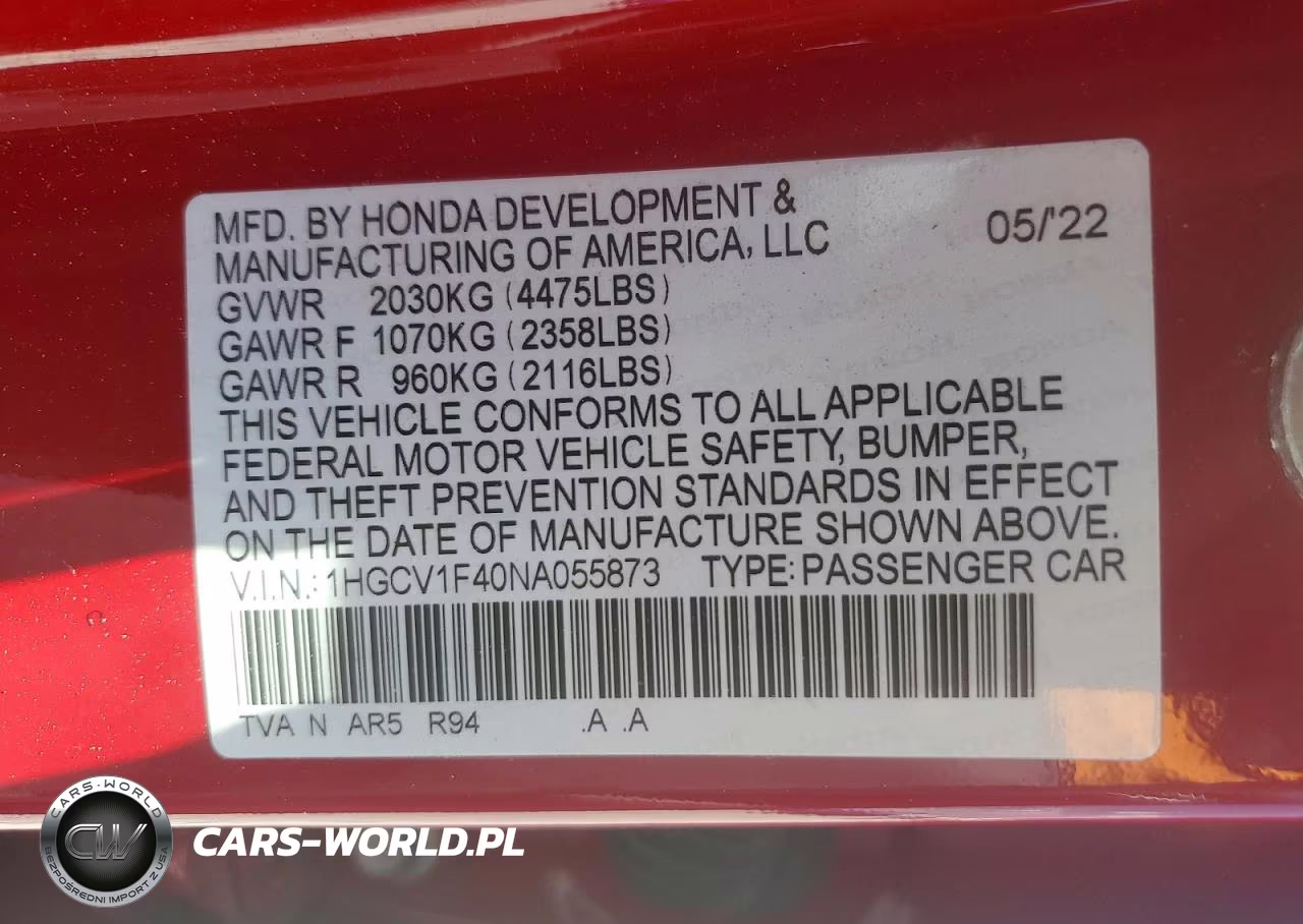 2022 Honda Accord Sport Se VIN:1HGCV1F40NA055873 - 13