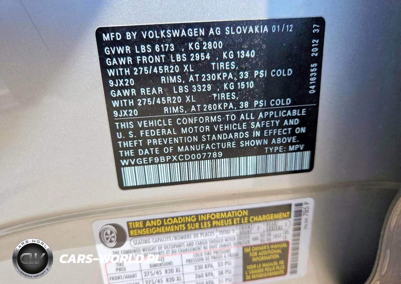 2012 Volkswagen Touareg V6 VIN:WVGEF9BPXCD007789 - 12