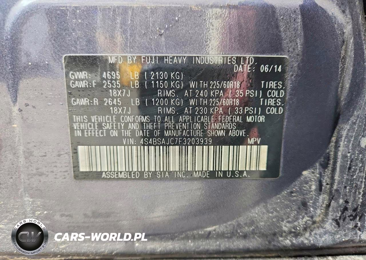 2015 Subaru Outback 2.5I Limited VIN:4S4BSAJC7F3203939 - 14