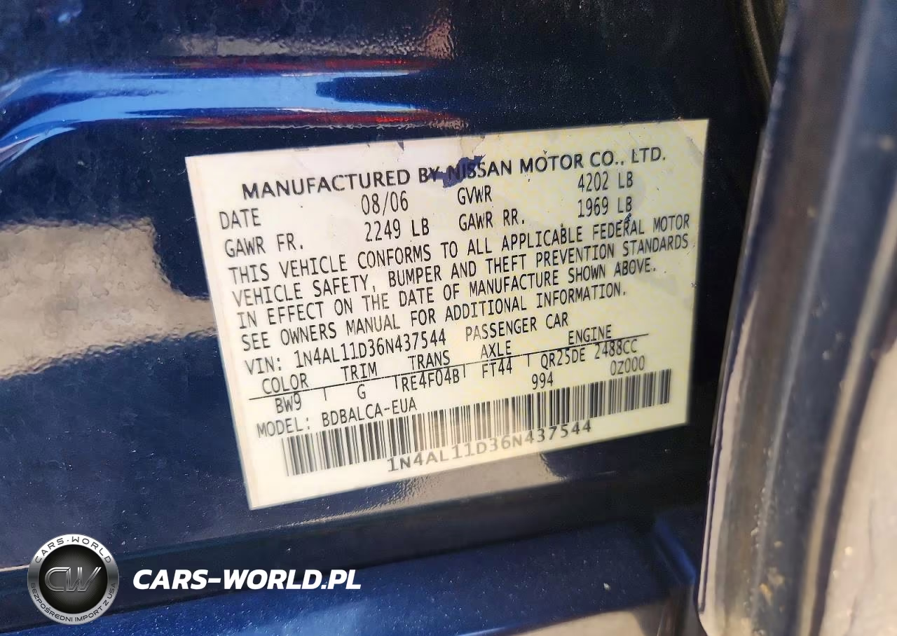 2006 Nissan Altima 2.5 VIN:1N4AL11D36N437544 - 12
