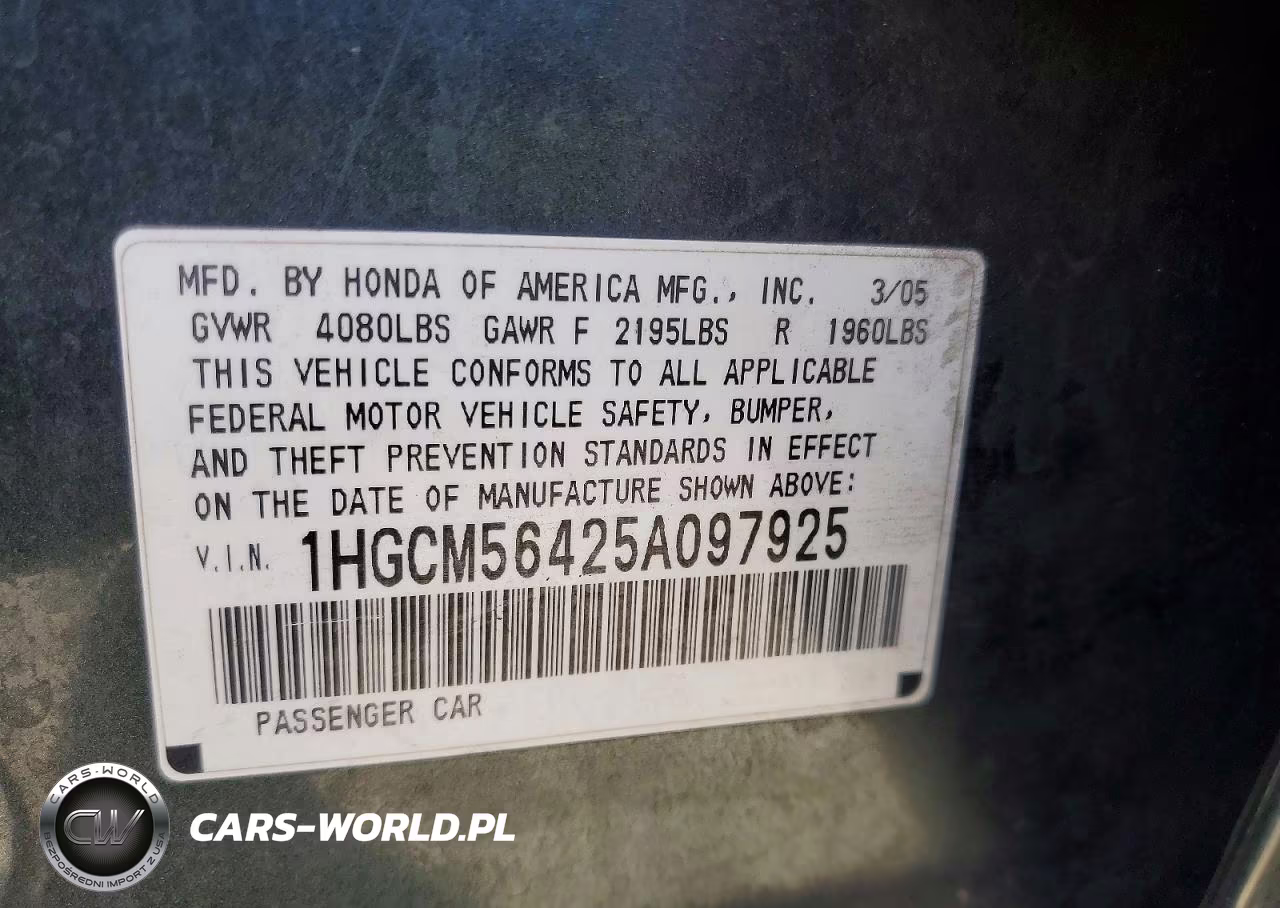 2005 Honda Accord Lx VIN:1HGCM56425A097925 - 12