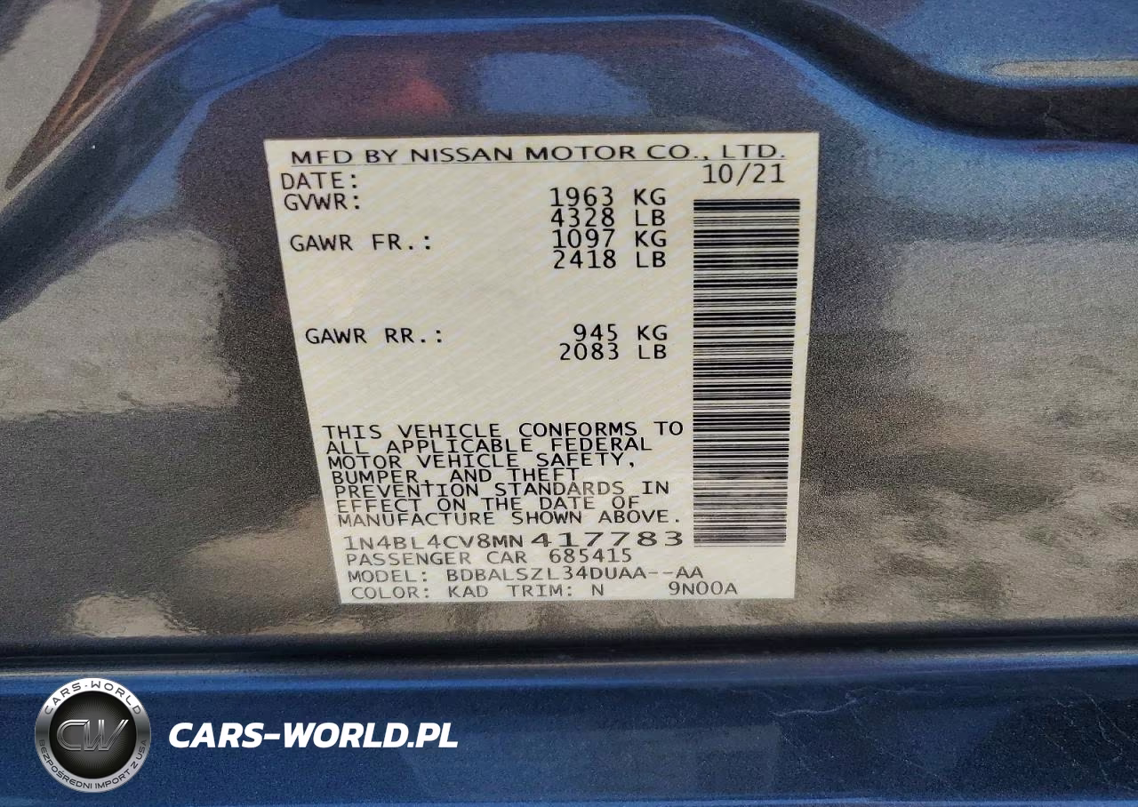2021 Nissan Altima Sr Fwd VIN:1N4BL4CV8MN417783 - 12