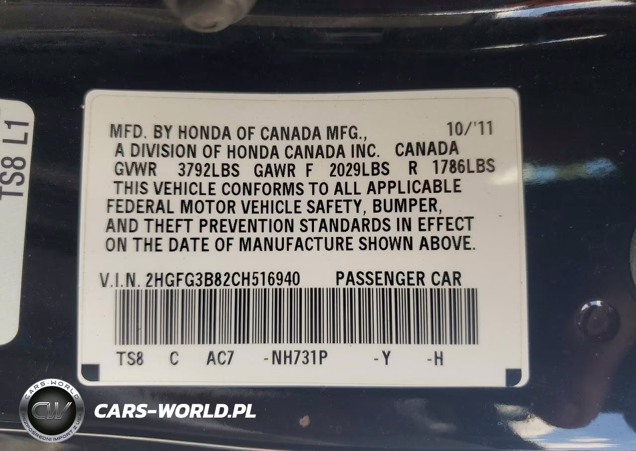 2012 Honda Civic Ex VIN:2HGFG3B82CH516940 - 12