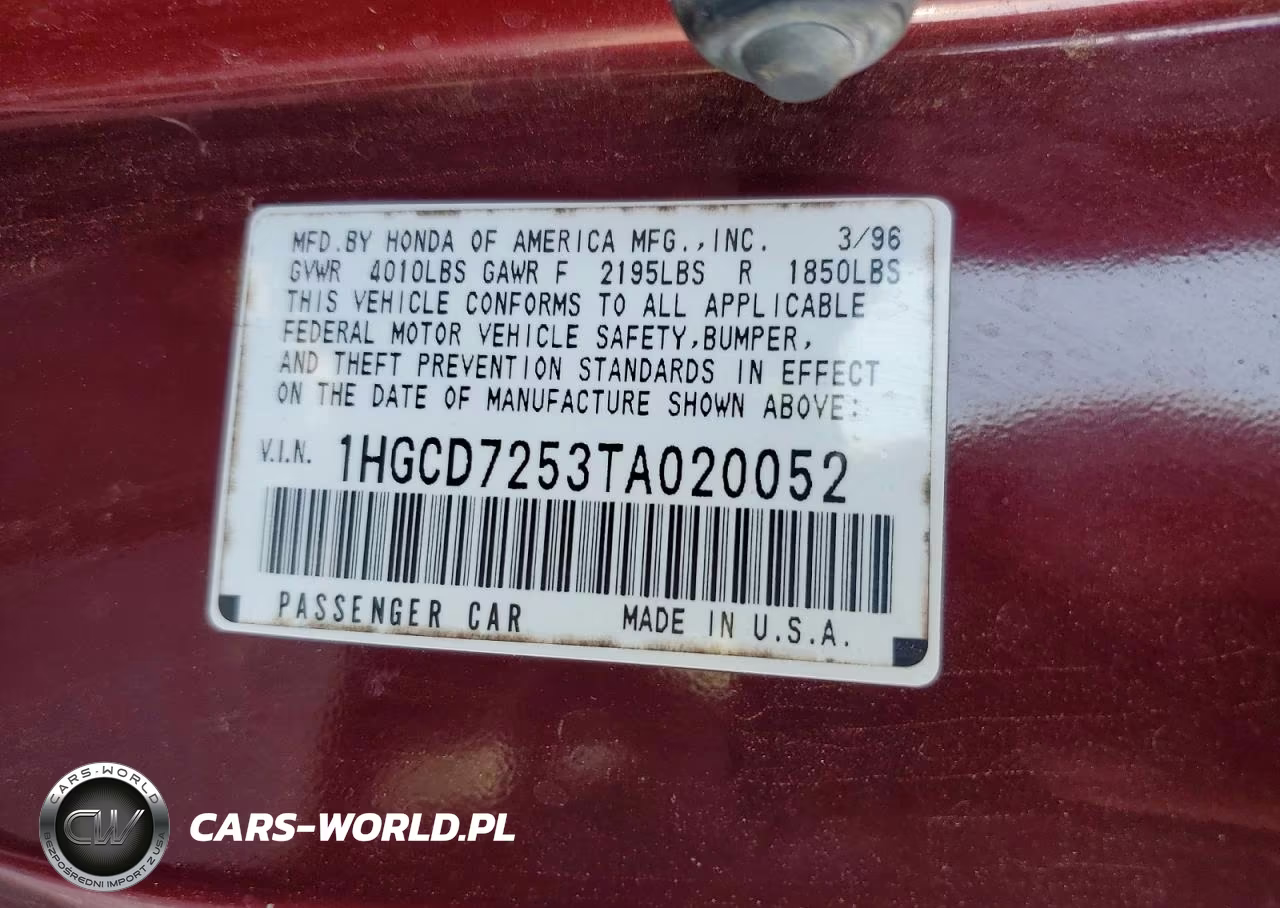 1996 Honda Accord Ex VIN:1HGCD7253TA020052 - 12