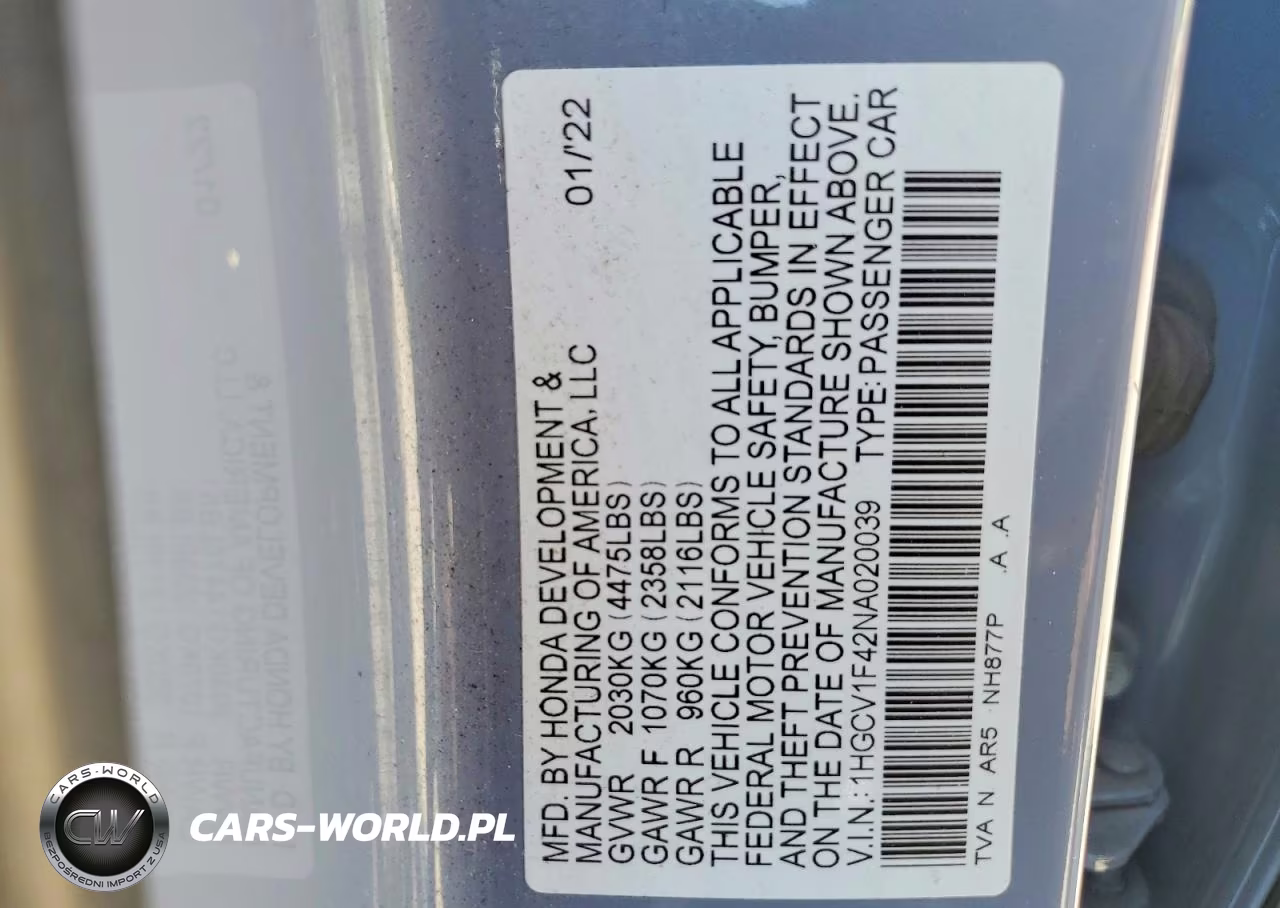 2022 Honda Accord Sport Se VIN:1HGCV1F42NA020039 - 12