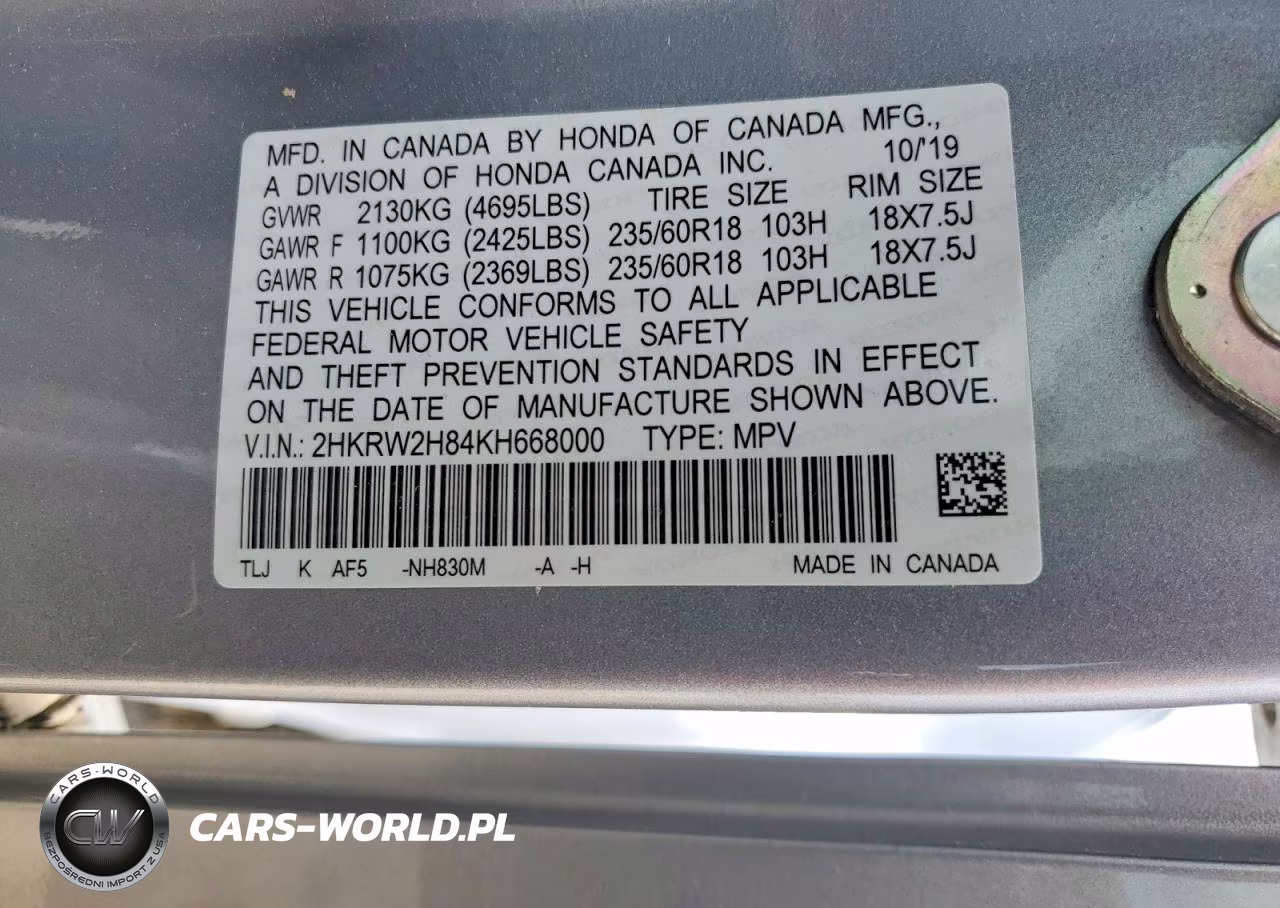 2019 Honda Cr-V Exl VIN:2HKRW2H84KH668000 - 13