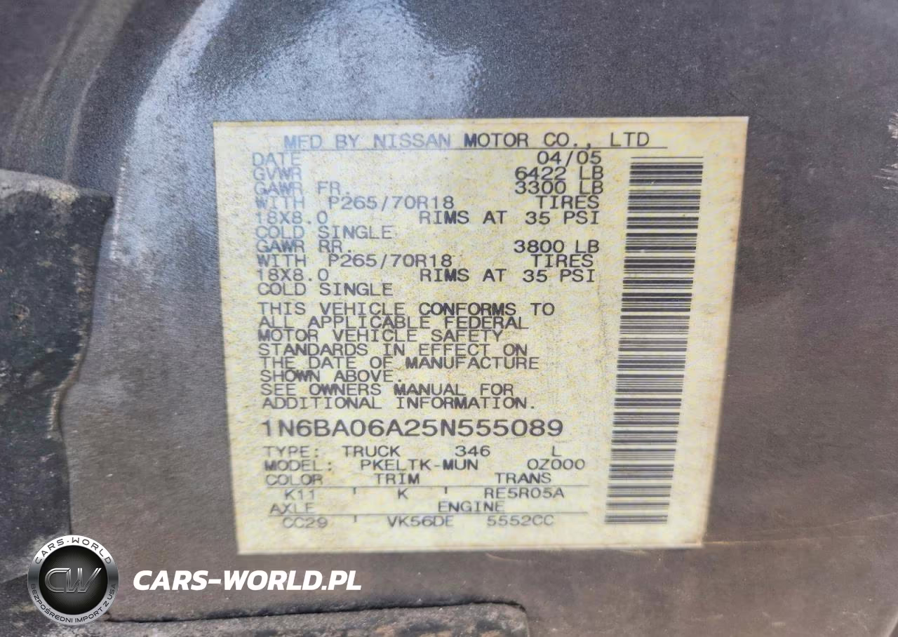 2005 Nissan Titan Xe VIN:1N6BA06A25N555089 - 12