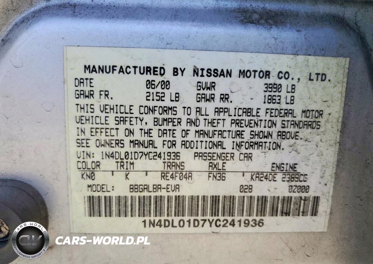 2000 Nissan Altima Xe VIN:1N4DL01D7YC241936 - 12