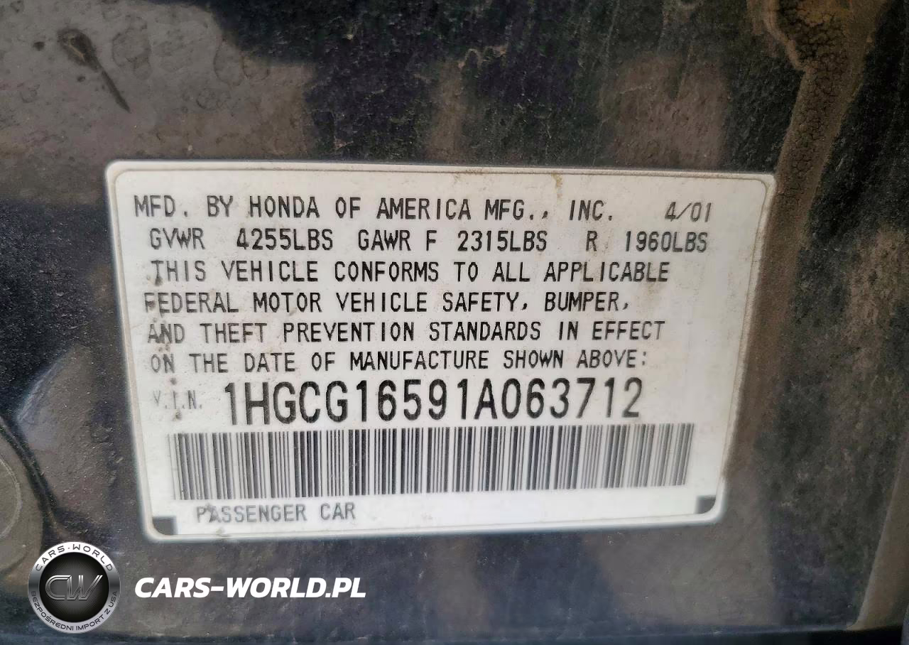 2001 Honda Accord Ex VIN:1HGCG16591A063712 - 12