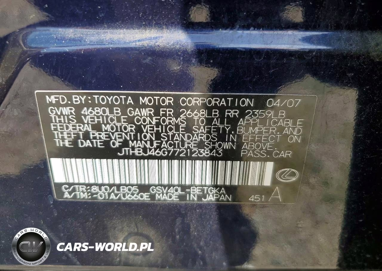 2007 Lexus Es 350 VIN:JTHBJ46G772123843 - 12