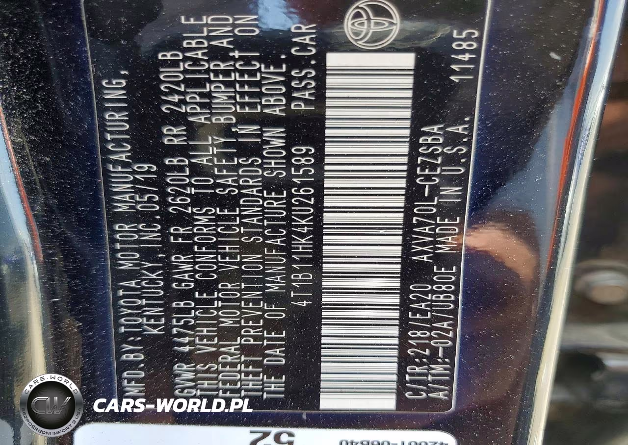 2019 Toyota Camry Se VIN:4T1B11HK4KU261589 - 12
