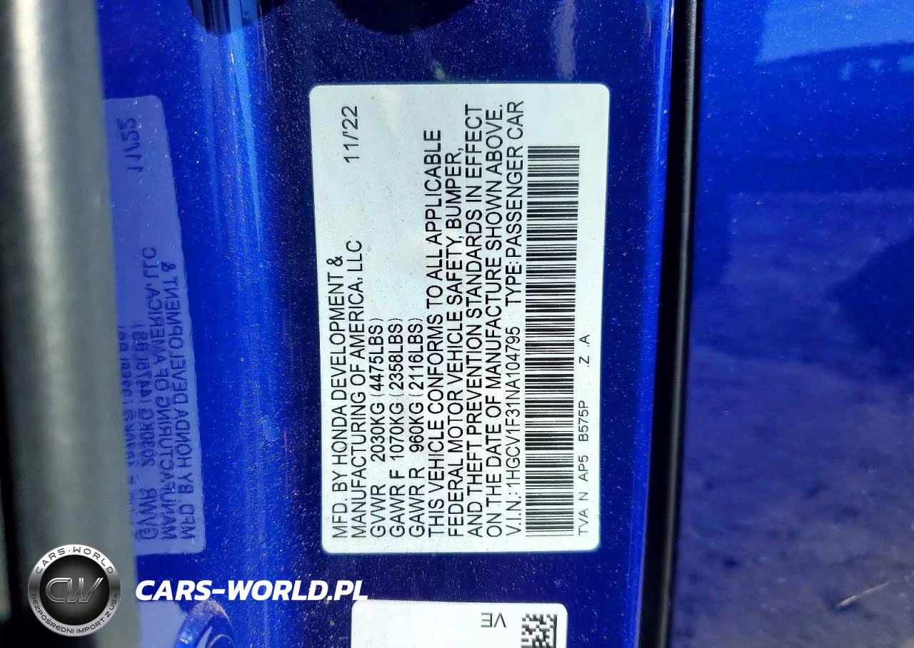 2022 Honda Accord Sport VIN:1HGCV1F31NA104795 - 12