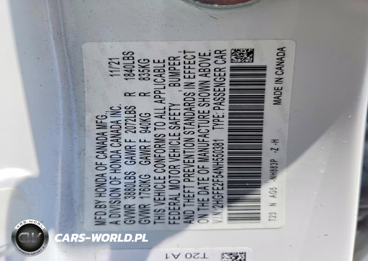 2022 Honda Civic Sport VIN:2HGFE2F54NH550381 - 12