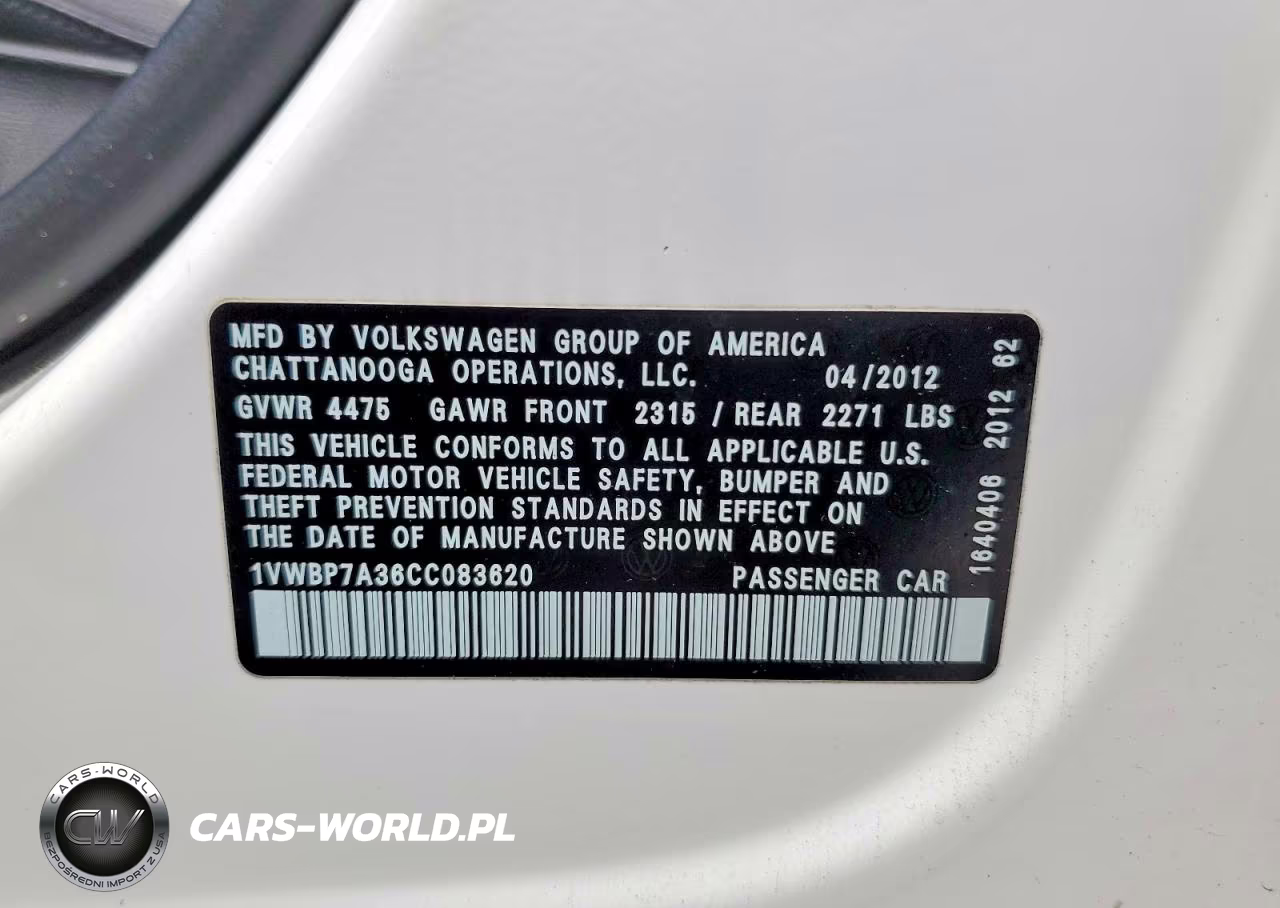 2012 Volkswagen Passat Se VIN:1VWBP7A36CC083620 - 13