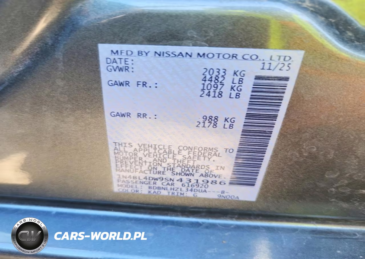 2025 Nissan Altima Sv VIN:1N4BL4DW9SN431986 - 12