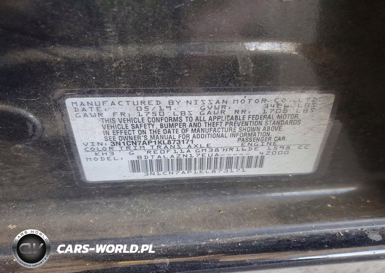 2019 Nissan Versa S Plus VIN:3N1CN7AP1KL873171 - 12